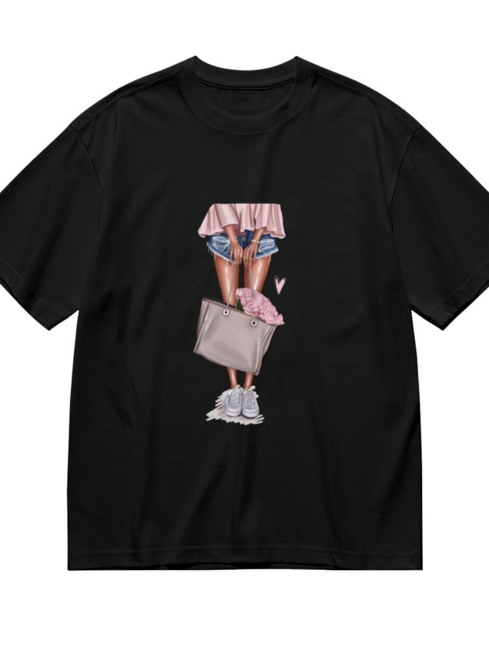 Black Graphic Tee with Pink Accent - Casual Short Sleeve Shirt - Picture 3 of 5